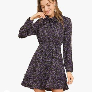 Vintage Style Bowtie Neck Long Sleeve Elastic Waist Ruffle Hem Dress
